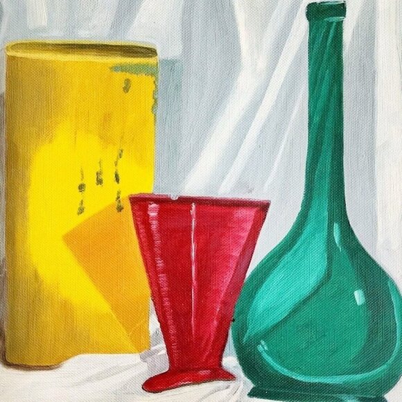 1960s Folk Art Colorful Still Life Oil Painting of Geometric Glass Shapes DWJJ4 - Picture 1 of 2